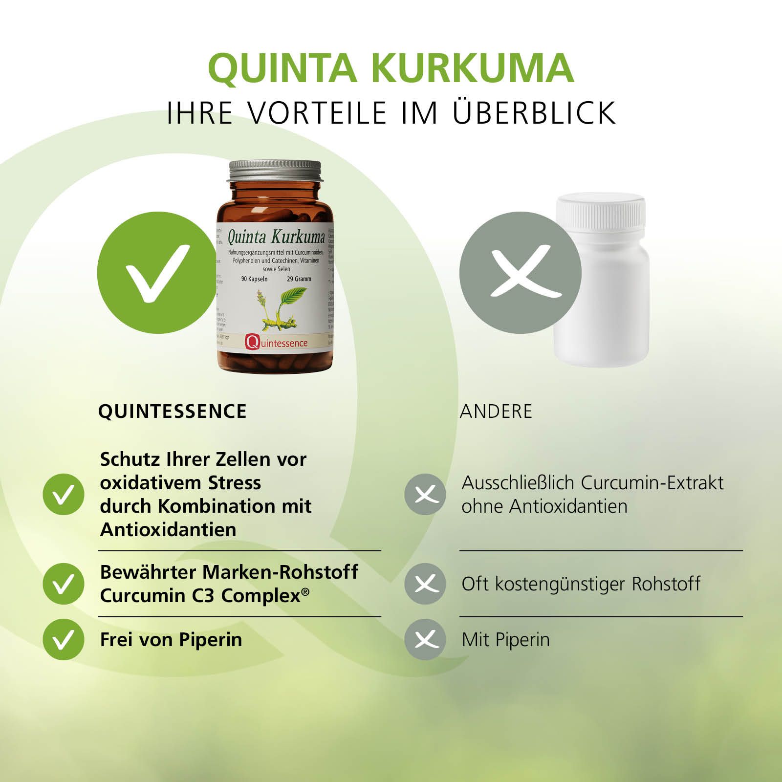 Vergleich von Quinta Kurkuma Kapseln mit einem anderen Produkt. Vorteile: Schutz vor oxidativem Stress, Curcumin C3 Complex, frei von Piperin.