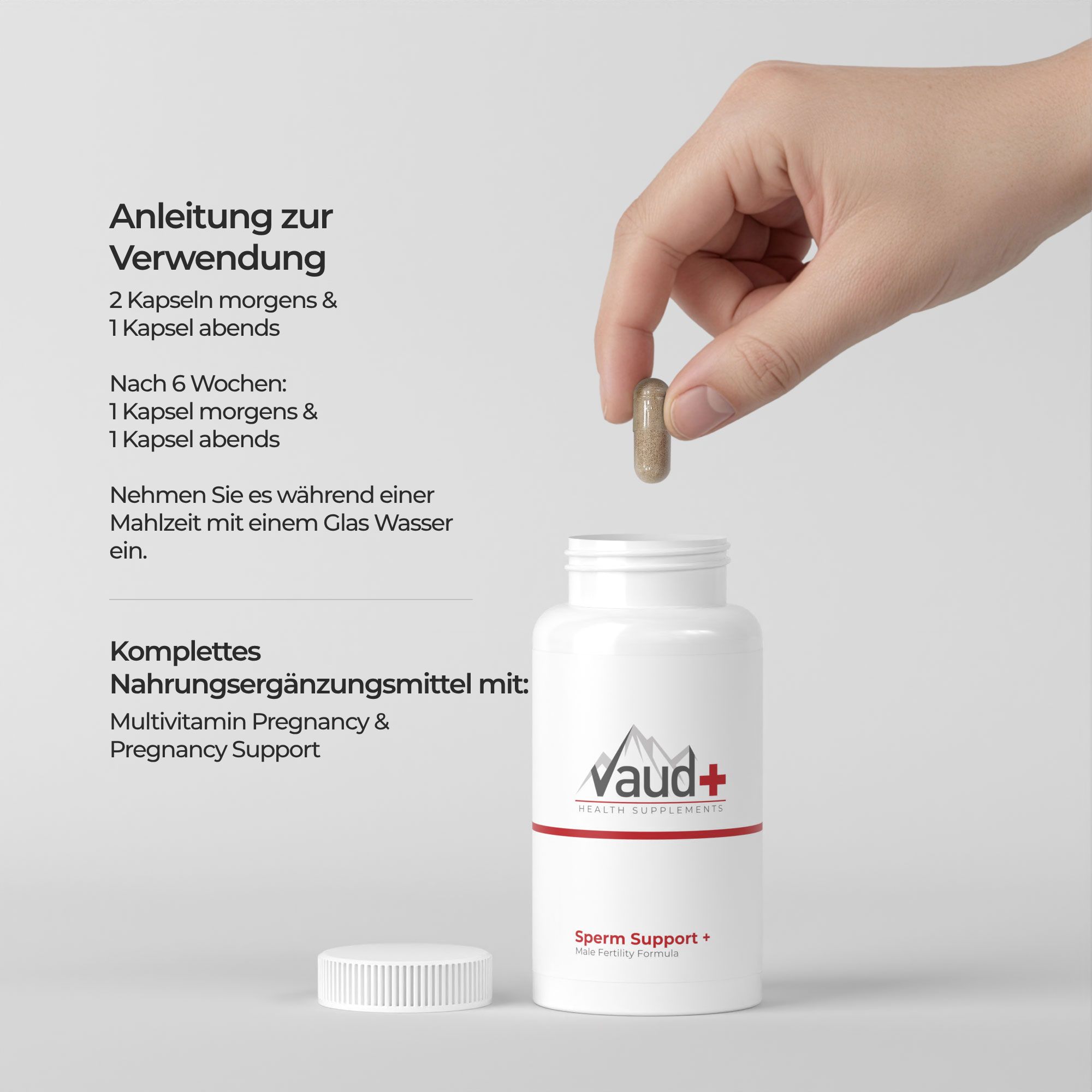 Hand hält Kapsel über einer Flasche. Text: Anleitung zur Verwendung, 2 Kapseln morgens & abends.