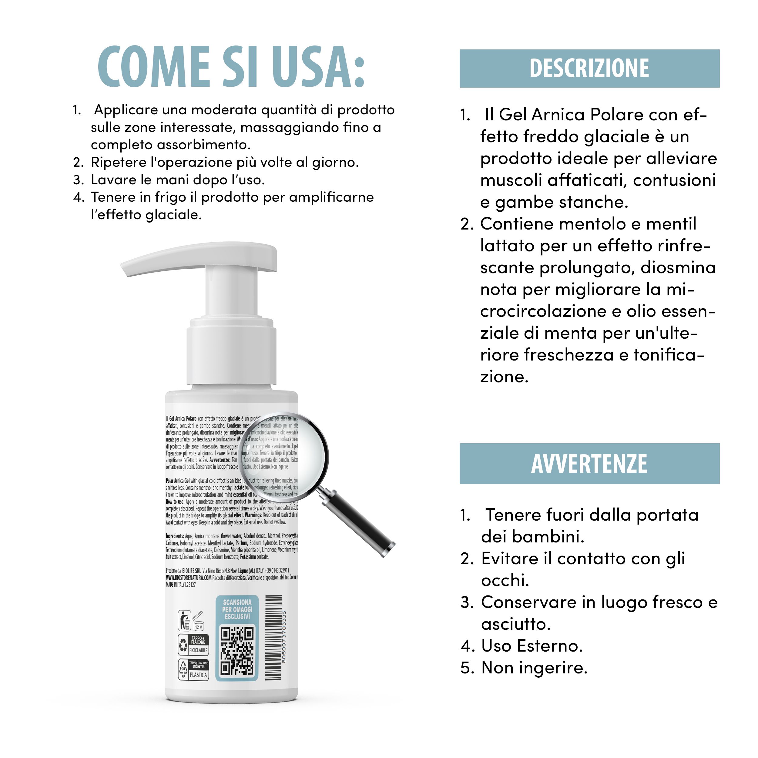 Flasche mit Gel und Lupe. Text: COME SI USA: 1. Applicare... 2. Ripetere... 3. Lavare... 4. Tenere... DESCRZIONE: 1. Il Gel Arnica... 2. Contiene mentolo... AVVERTENZE: 1. Tenere fuori... 2. Evitare... 3. Conservare... 4. Uso Esterno... 5. Non ingerire.