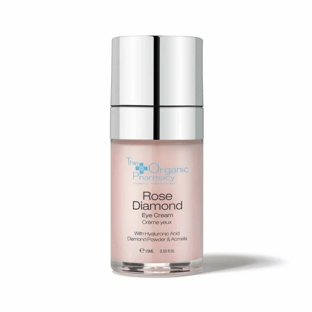 Rosa Augencreme-Flasche mit silbernem Deckel. Aufschrift: Rose Diamond Eye Cream. Marke: The Organic Pharmacy.