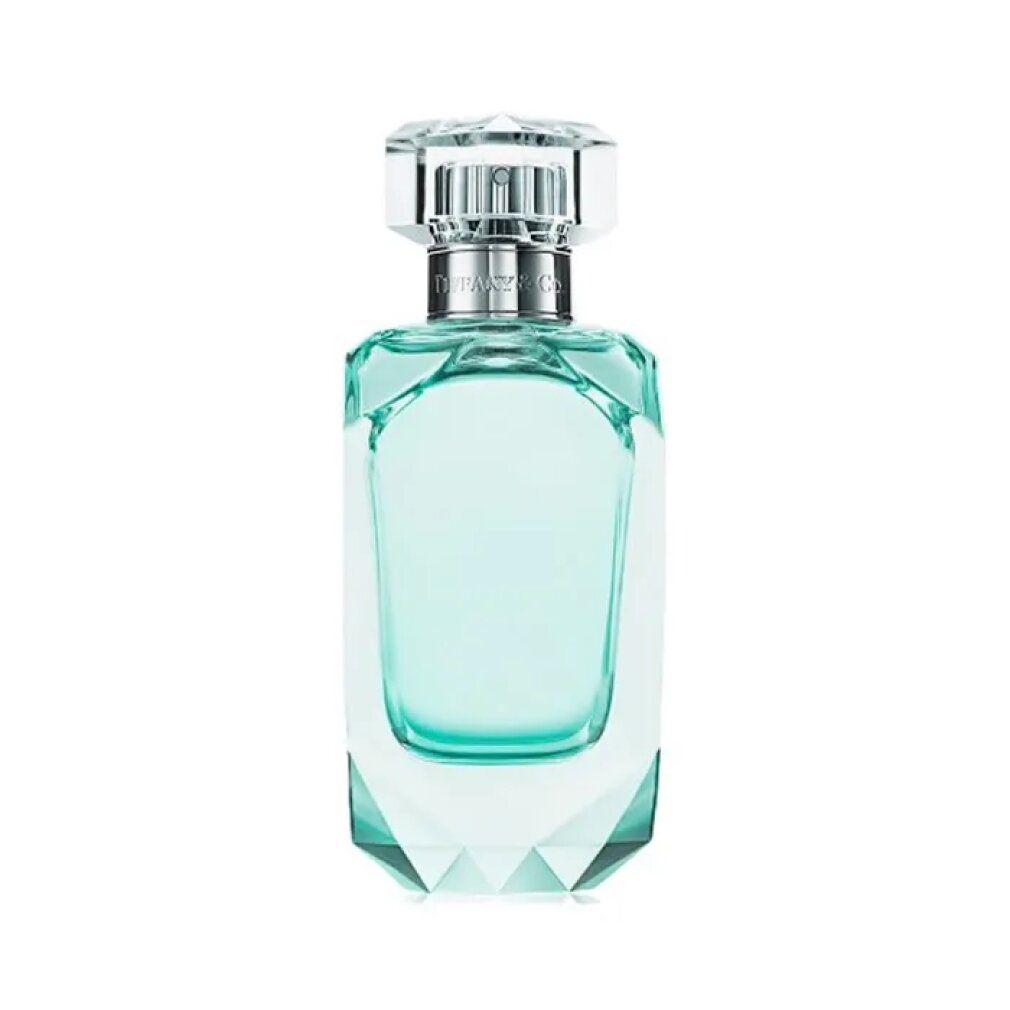 Hellblauer Duft in einem Glasflakon. Transparenter Deckel. Silberfarbener Hals mit Tiffany & Co. Schriftzug. Geometrische Form.