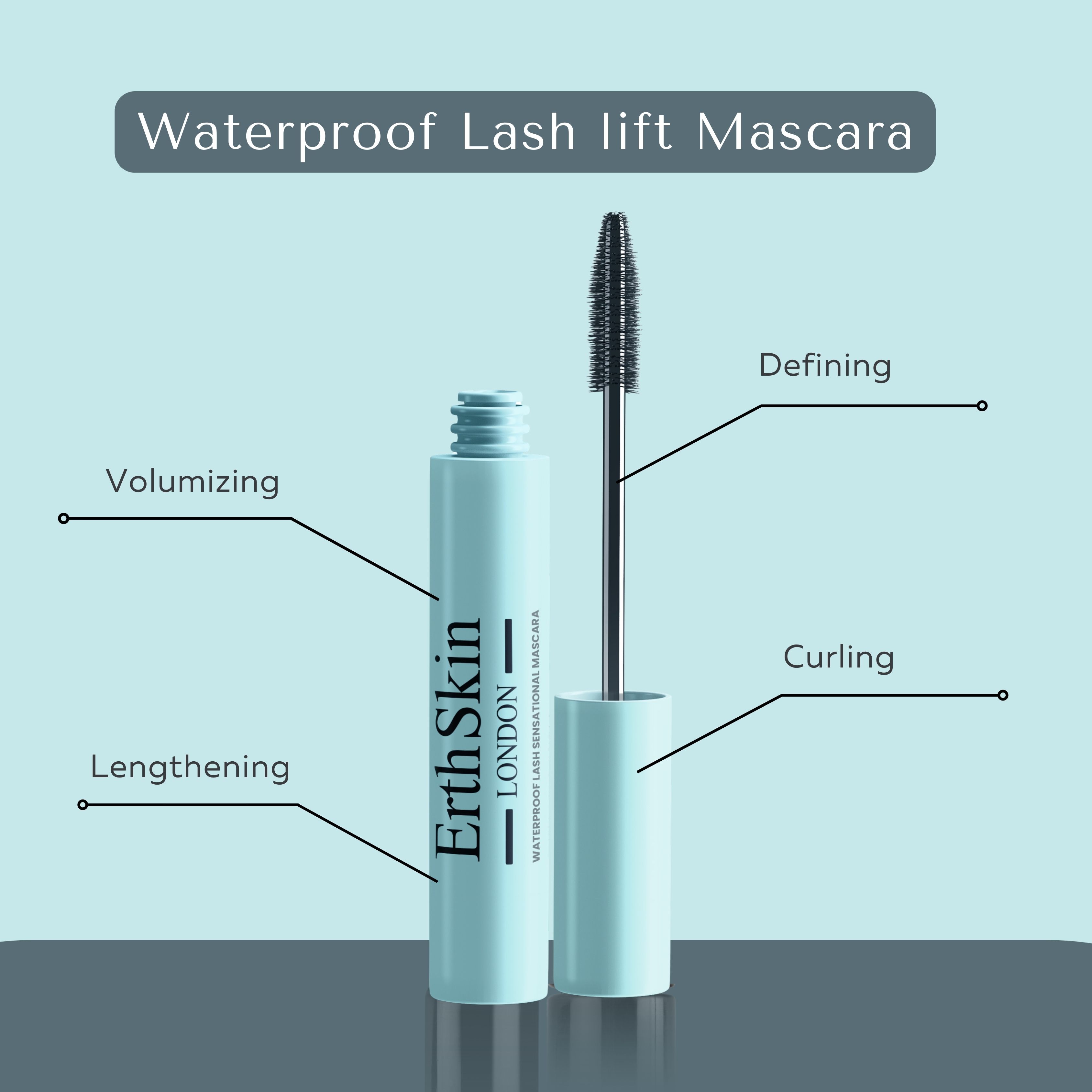 Mascara azzurro chiaro con spazzola. Testo: Waterproof Lash lift Mascara. Caratteristiche: Volume, allungamento, definizione, curvatura.
