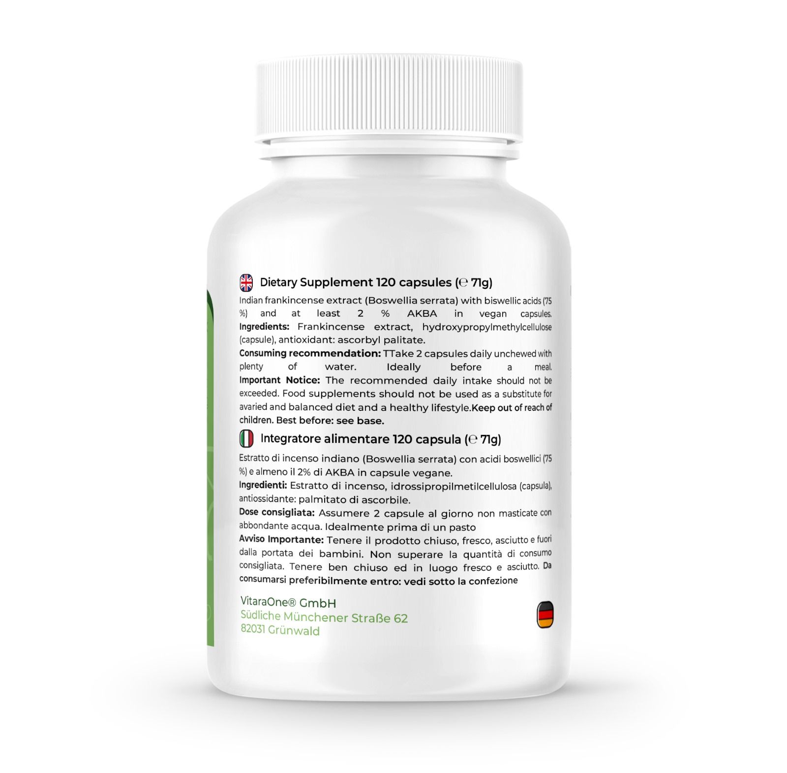 Rückseite der Flasche. Text: Nahrungsergänzungsmittel, 120 Kapseln. Inhaltsstoffe, Verzehrempfehlung, Nährwertangaben. Vegan-Siegel.