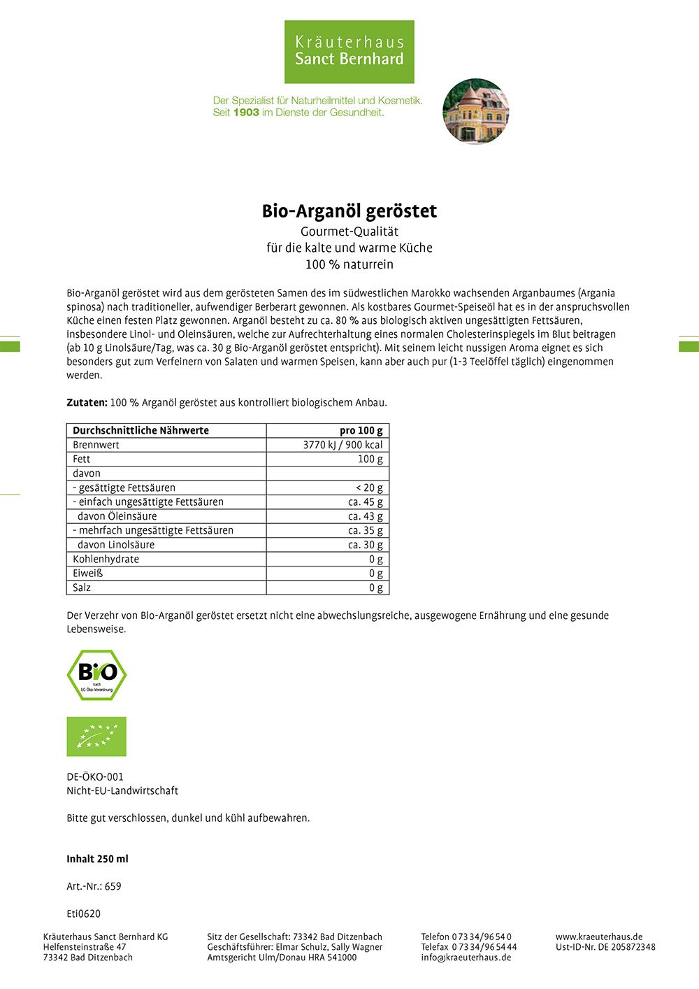 Sanct Bernhard Bio-Arganöl geröstet, kalt gepresst