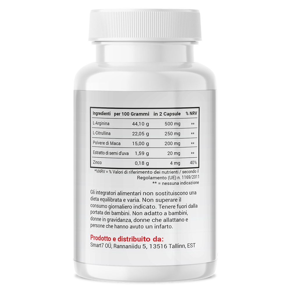 Retro del flacone bianco con capsule. Lista ingredienti e informazioni nutrizionali. Testo: Il Piacere Maschile. Informazioni produttore e codice a barre.