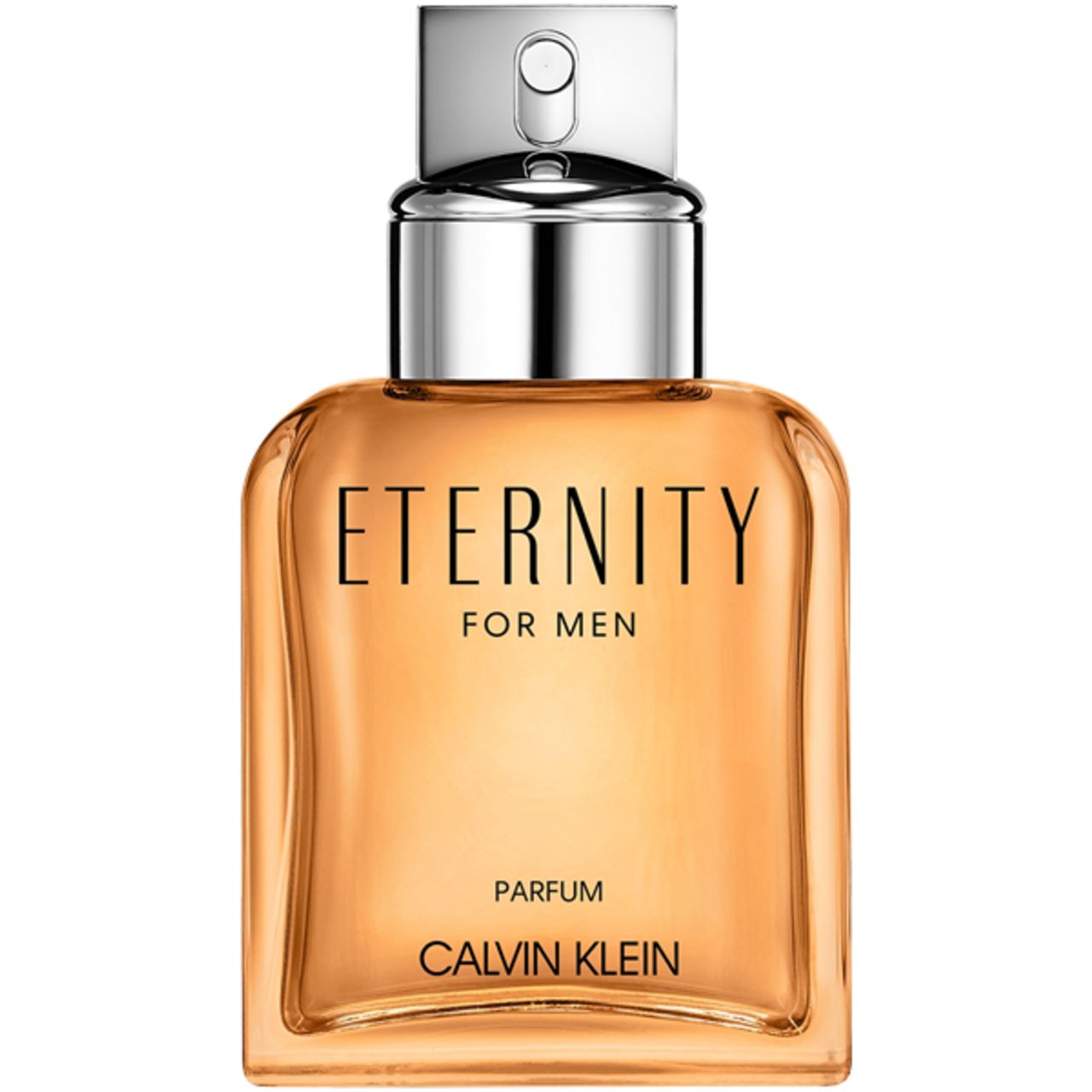 Parfümflakon mit silberner Kappe und bernsteinfarbener Flüssigkeit. "Eternity for Men" und "Calvin Klein" sind sichtbar.