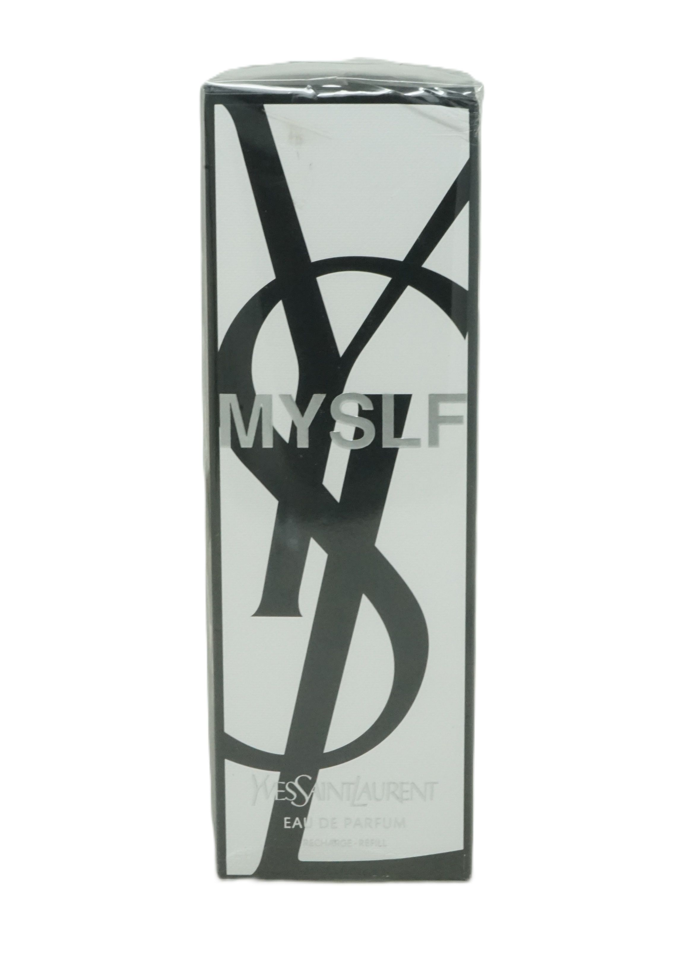Verpackung von Yves Saint Laurent MYSLF Eau de Parfum Refill. Weiß mit schwarzem Logo und Schriftzug MYSLF. Text: Eau de Parfum.