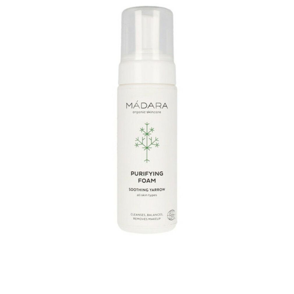 Weiße Flasche mit Pumpverschluss. Aufschrift: MÁDARA, Purifying Foam, Soothing Yarrow. Mit Bio-Siegel.