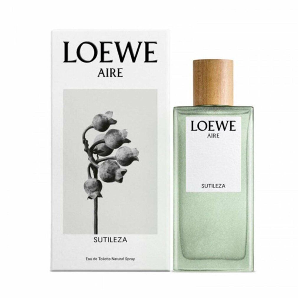 Flakon und Verpackung. Flakon rechteckig, Holzverschluss. Verpackung mit "LOEWE AIRE SUTILEZA" und floralem Motiv.