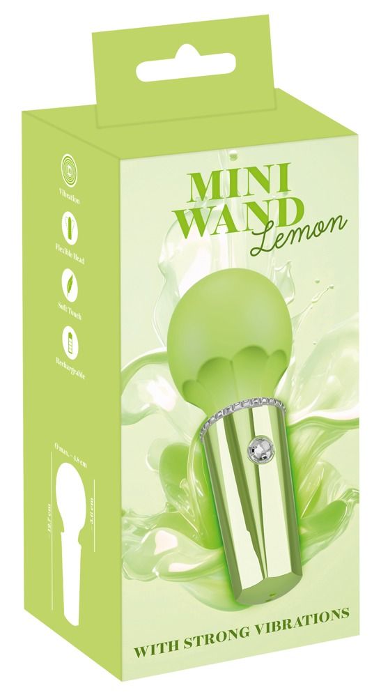 Verpackung mit grünem Wellness-Artikel. Aufschrift: Mini Wand Lemon, mit starken Vibrationen. Abmessungen und Symbole.