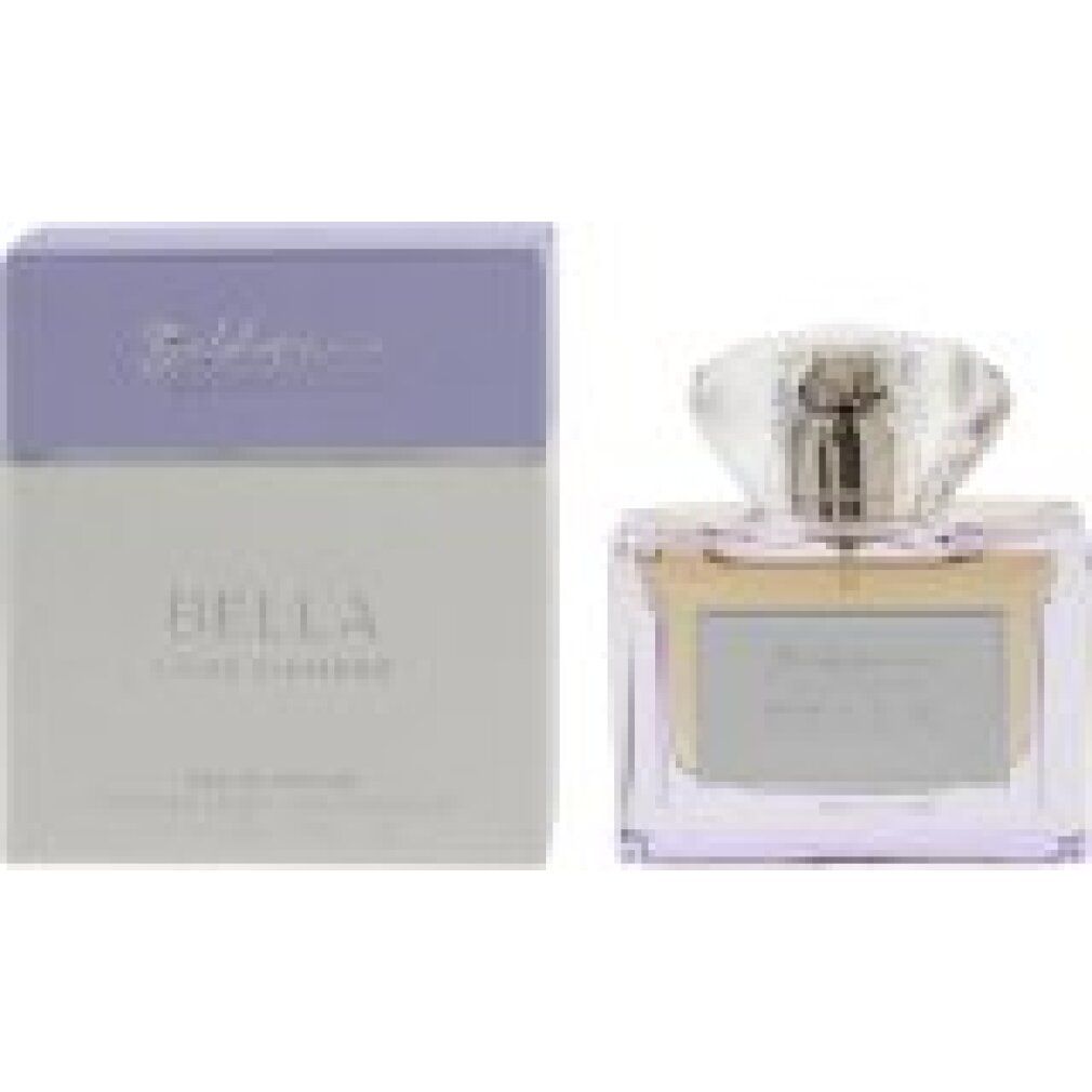 Baldessarini Bella Lilac Diamond Eau de Parfum Naturspray und seine Verpackung. Der Flakon hat einen facettierten Deckel.