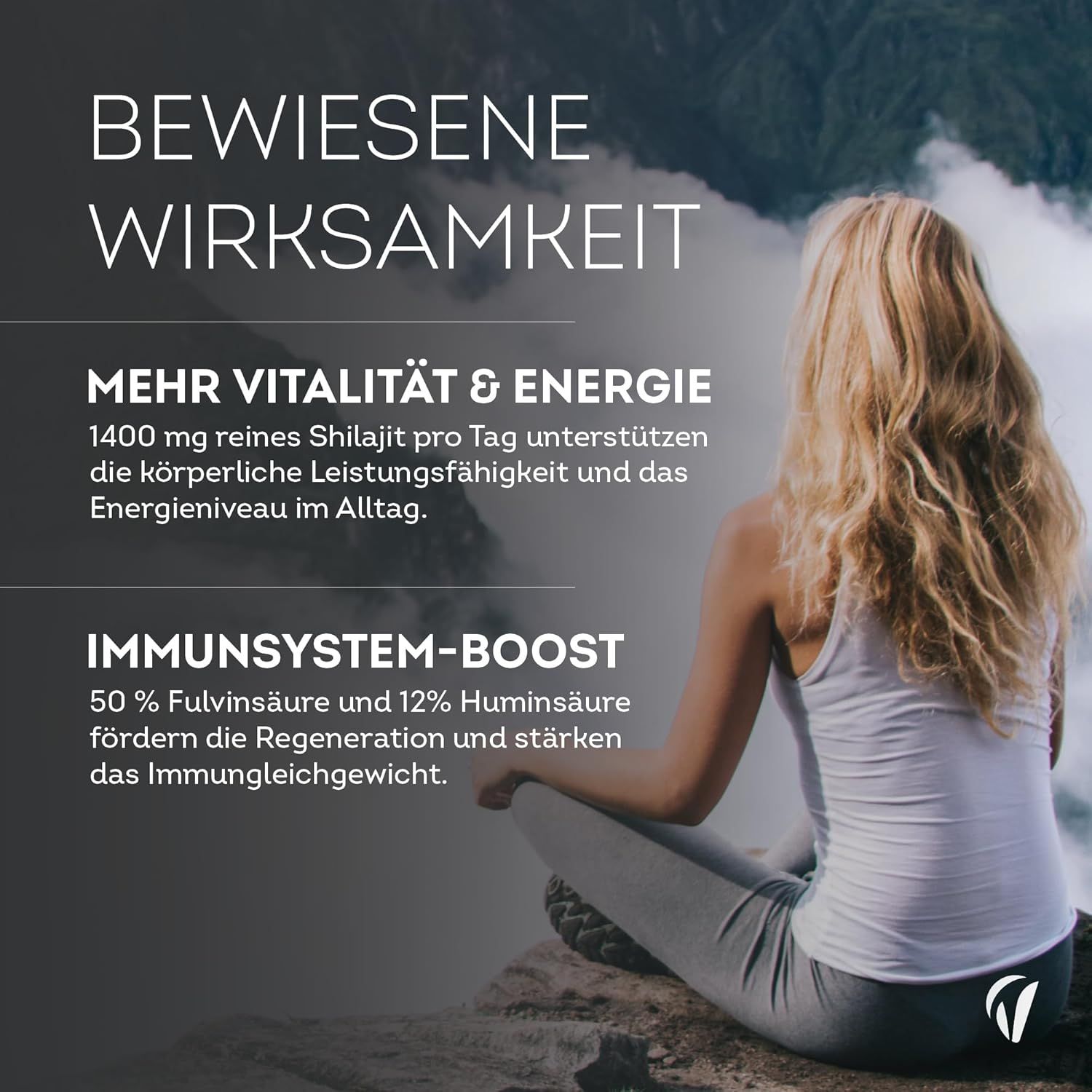 Frau sitzt auf Felsen. Text: 'Mehr Vitalität & Energie', '1400 mg Shilajit'. 'Immunsystem-Boost'.