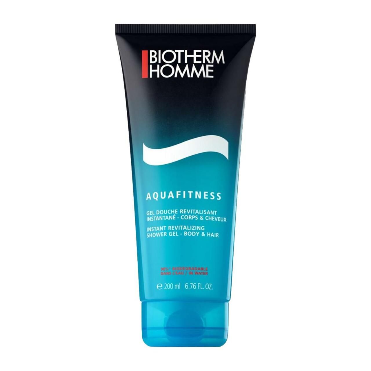 Tube mit Farbverlauf von Schwarz zu Türkis. BIOTHERM HOMME Aquafitness. Gel für Körper und Haar. 6.76 FL. OZ.