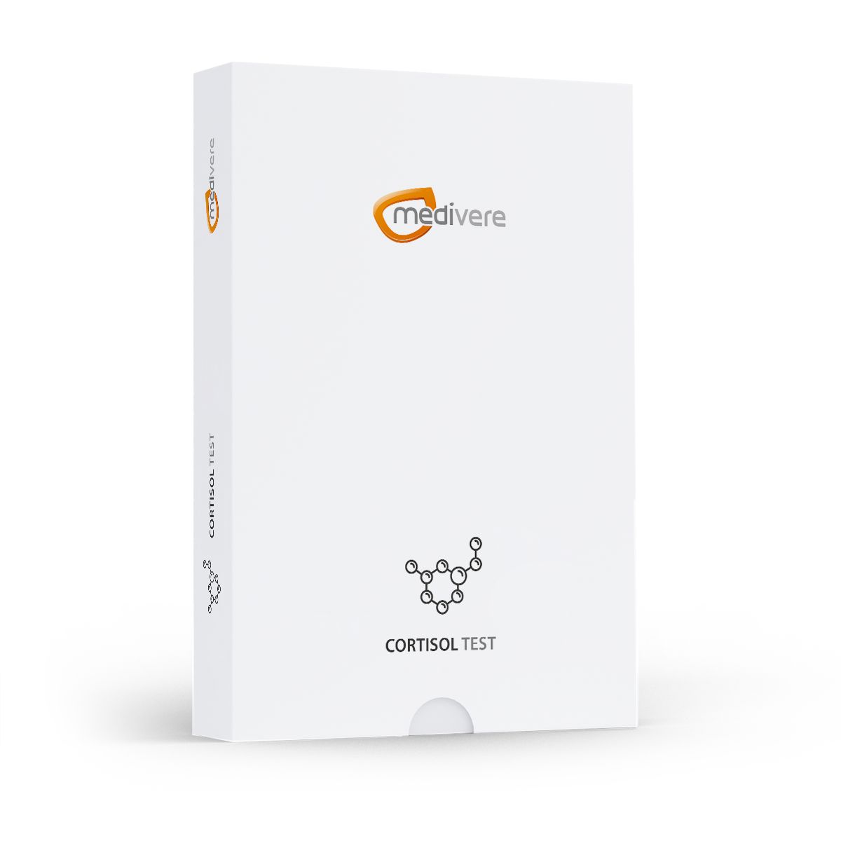 Weiße Produktverpackung mit dem Logo von medivere und der Aufschrift 'CORTISOL TEST'.