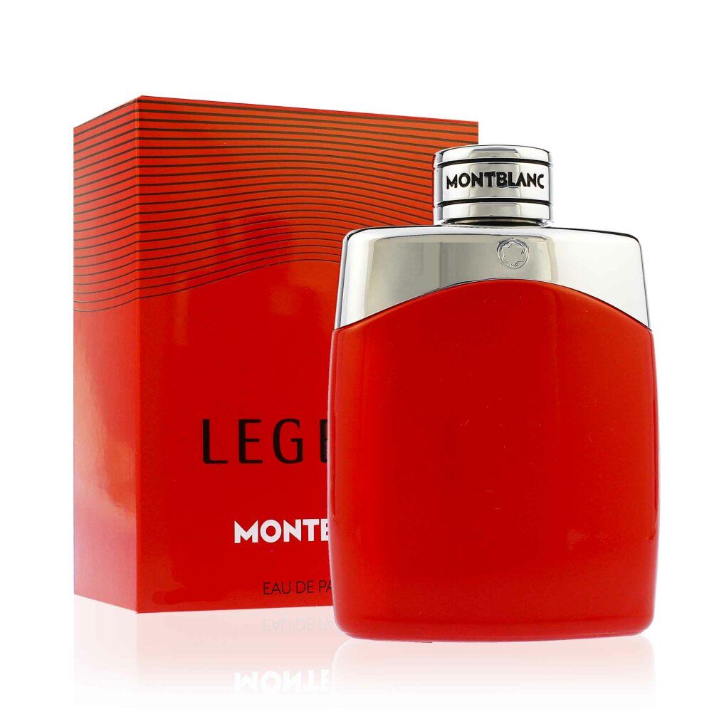 Montblanc Legend Red Eau de Parfum Flakon und Verpackung, rot.