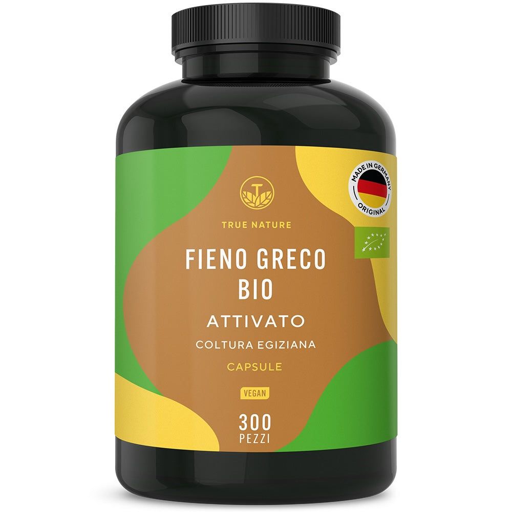 Flacone marrone con capsule. Testo: TRUE NATURE, FIENO GRECO BIO, attivato, Coltivazione egiziana, Capsule, 300 pezzi.