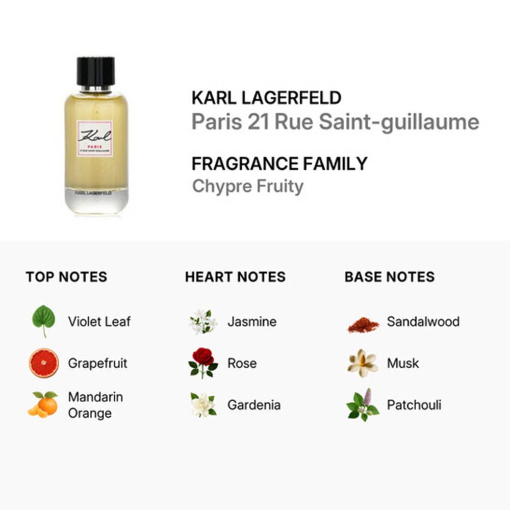 Produktinformationen. Karl Paris 21 Rue Saint-Guillaume. Duftfamilie: Chypre Fruity. Noten: Veilchenblatt, Grapefruit, Mandarine.