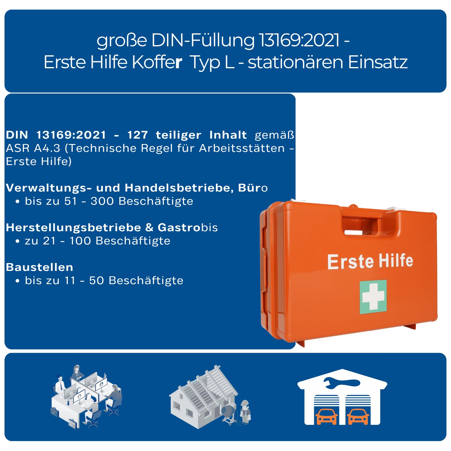 Erste Hilfe Koffer Typ L. Text: DIN 13169:2021. Geeignet für Verwaltungs-, Handelsbetriebe, Büros, Baustellen.