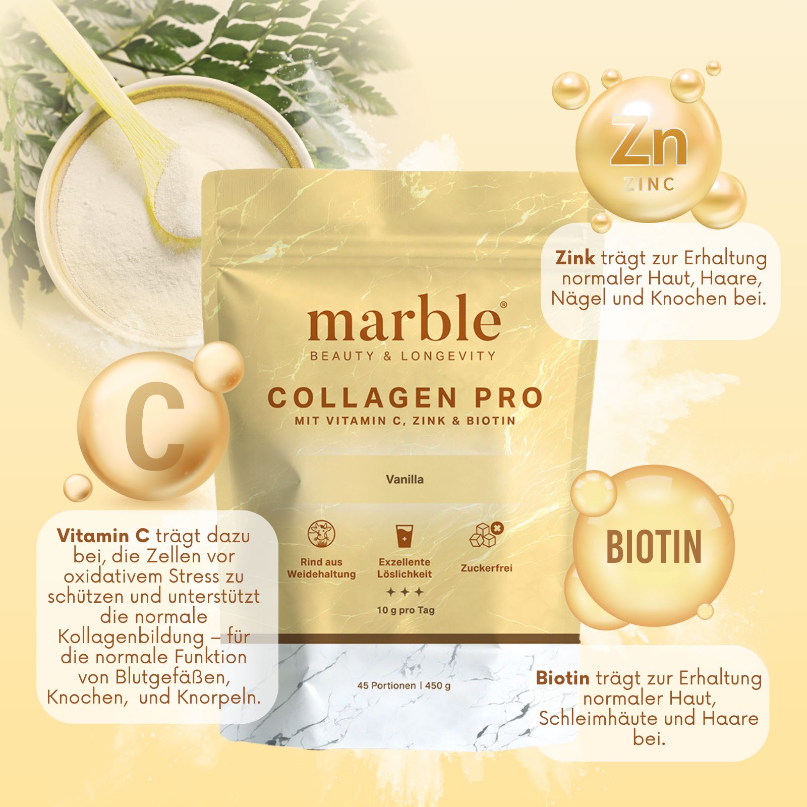 marble Collagen Pro – Vanilla 450g|Reines Weidekollagen mit Vitamin C, Zink & Biotin