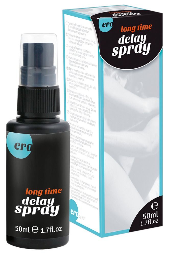 Schwarze Sprühflasche mit "long time delay spray"-Aufdruck und Verpackung. Verpackung mit Produktnamen und Abbildung.