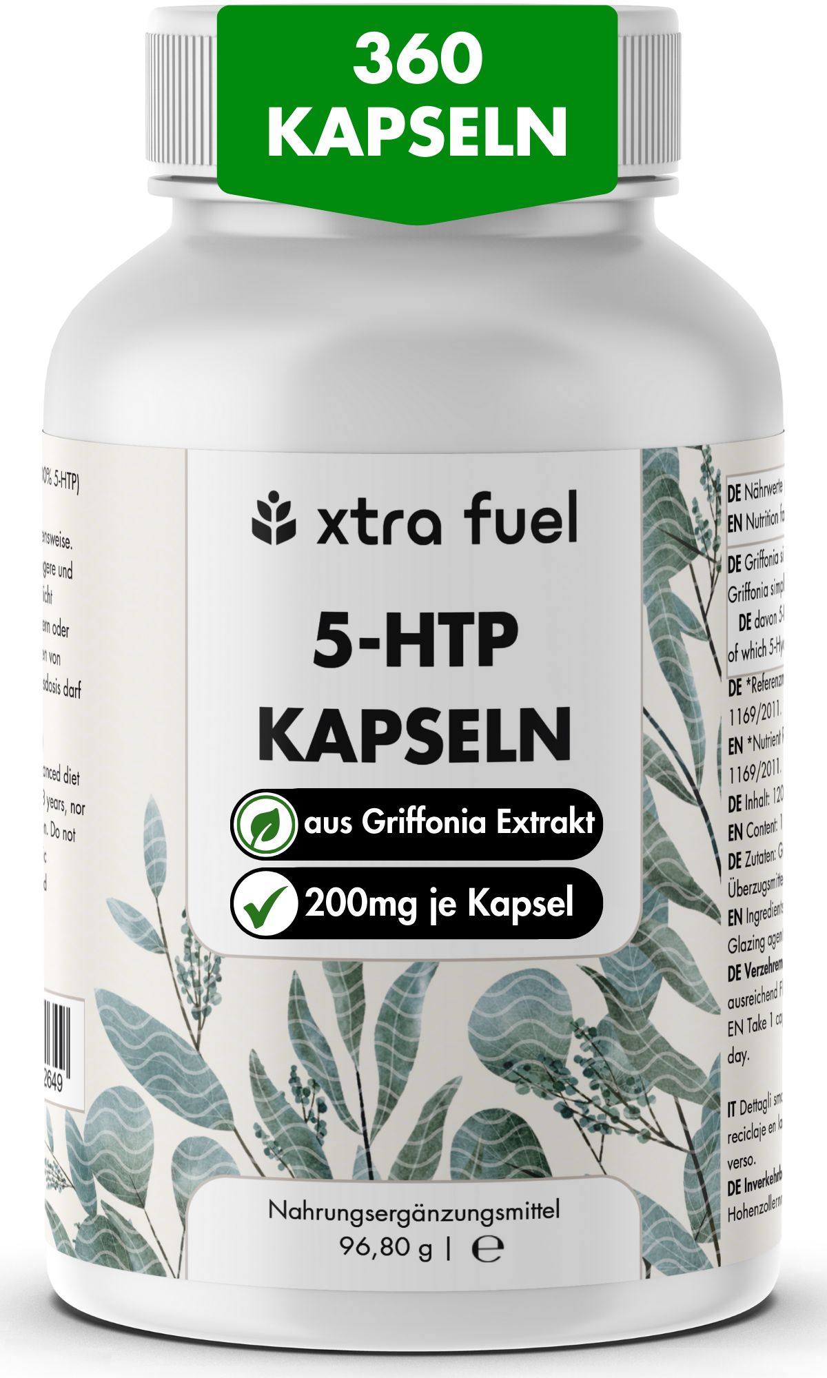 Weiße Flasche mit Kapseln. Aufschrift: XTRA FUEL, 5-HTP KAPSELN, aus Griffonia Extrakt, 200mg je Kapsel. 360 Kapseln.