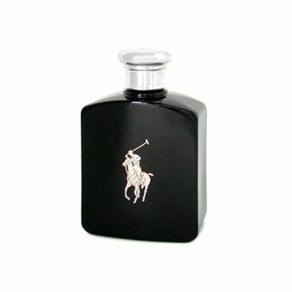 Schwarze Flasche mit silbernem Verschluss und Logo. Rechteckige Form.