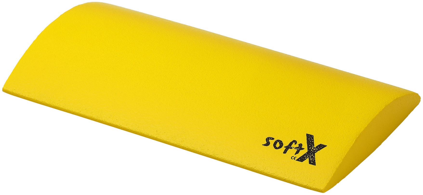 Gelbes Lordosekissen. Auf einer Seite ist der Schriftzug "softX" zu sehen. Abgerundete Form.