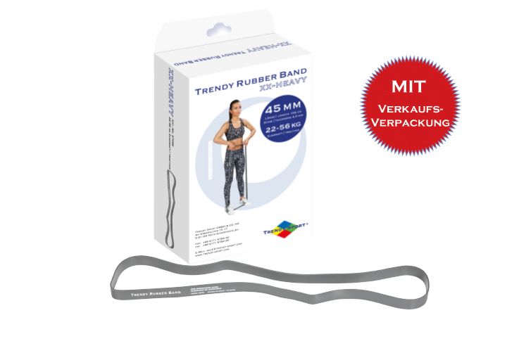 Graues Fitnessband und Verpackung. Aufschrift: Trendy Rubber Band, 45 mm, XX-Heavy. Roter Aufkleber: Mit Verkaufsverpackung.