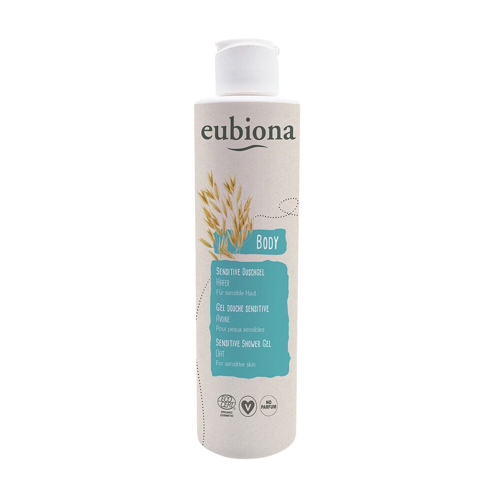 Beige Flasche mit weißem Deckel. Aufschrift: eubiona, Sensitive Duschgel, für empfindliche Haut. Mit Zertifizierungen.