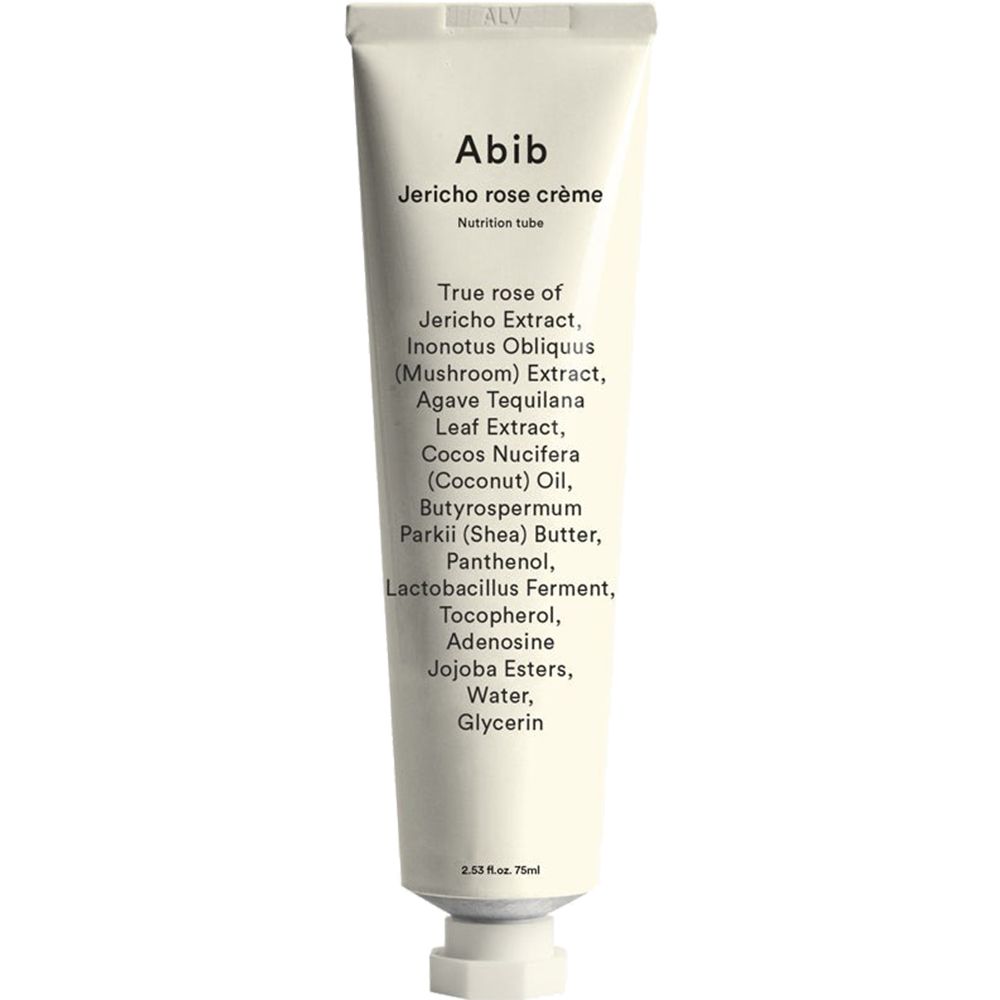 Abib Jericho Rose Crème-Tube. Weißer Tube mit schwarzer Schrift. Inhaltsstoffe sind aufgeführt. 75 ml.
