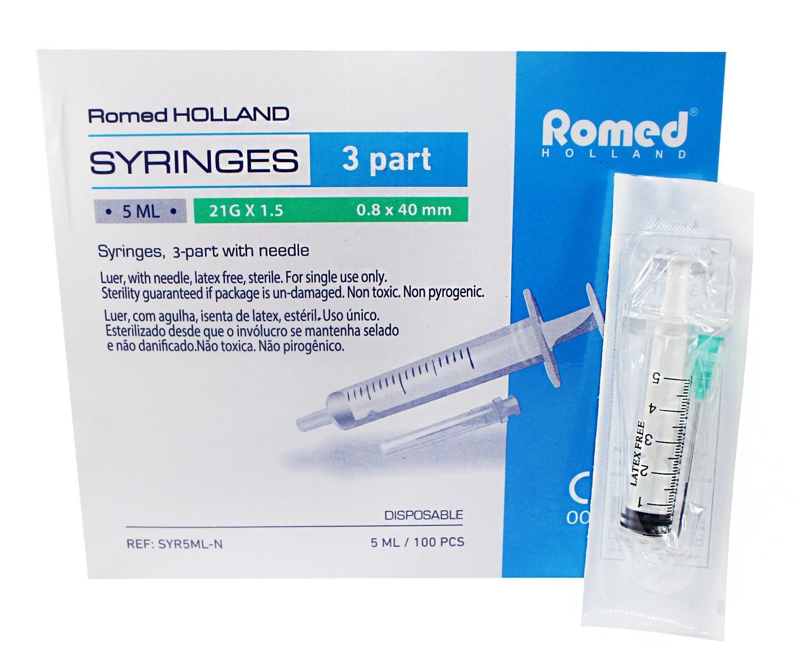 Verpackung von Romed Einmalspritzen. Box mit Produktabbildung und Informationen. Einzelne Spritze in Folie.