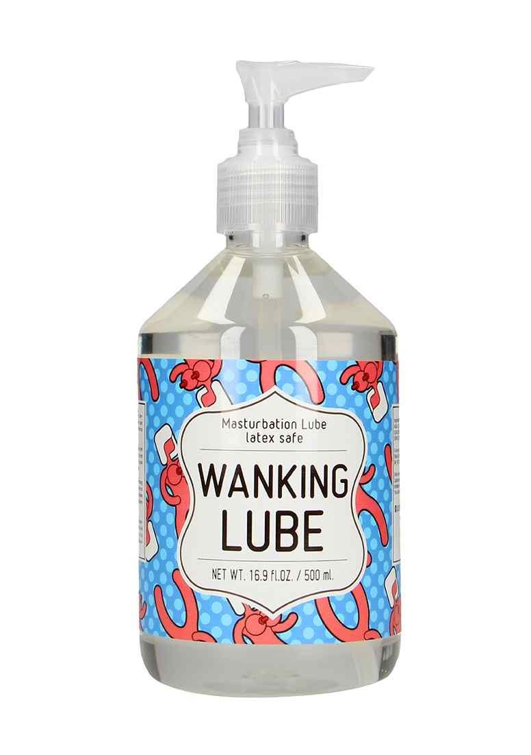 Transparente Flasche mit Pumpe. Aufkleber mit Text: WANKING LUBE.