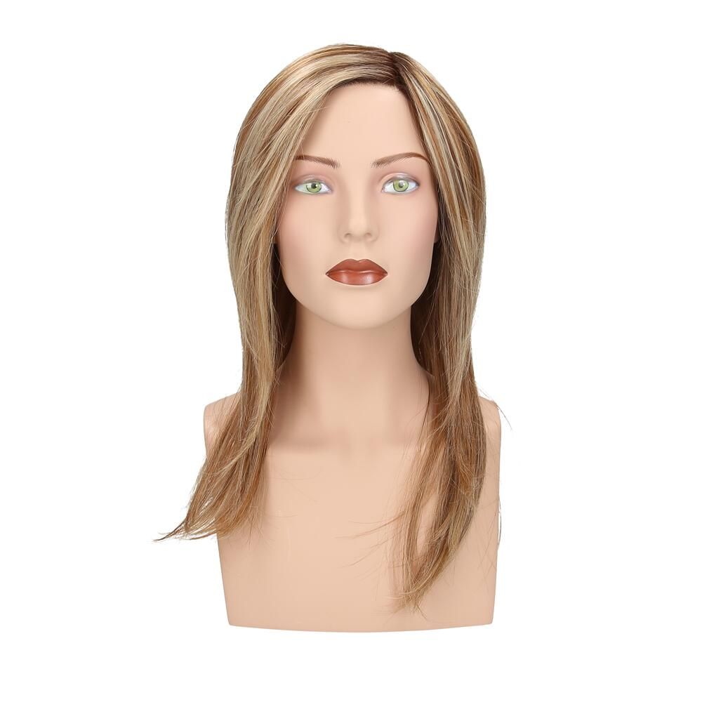Perücke Anemone von Lofty auf einer Büste. Blonde Strähnen, mittellang, gestuft geschnitten. Frontalansicht.