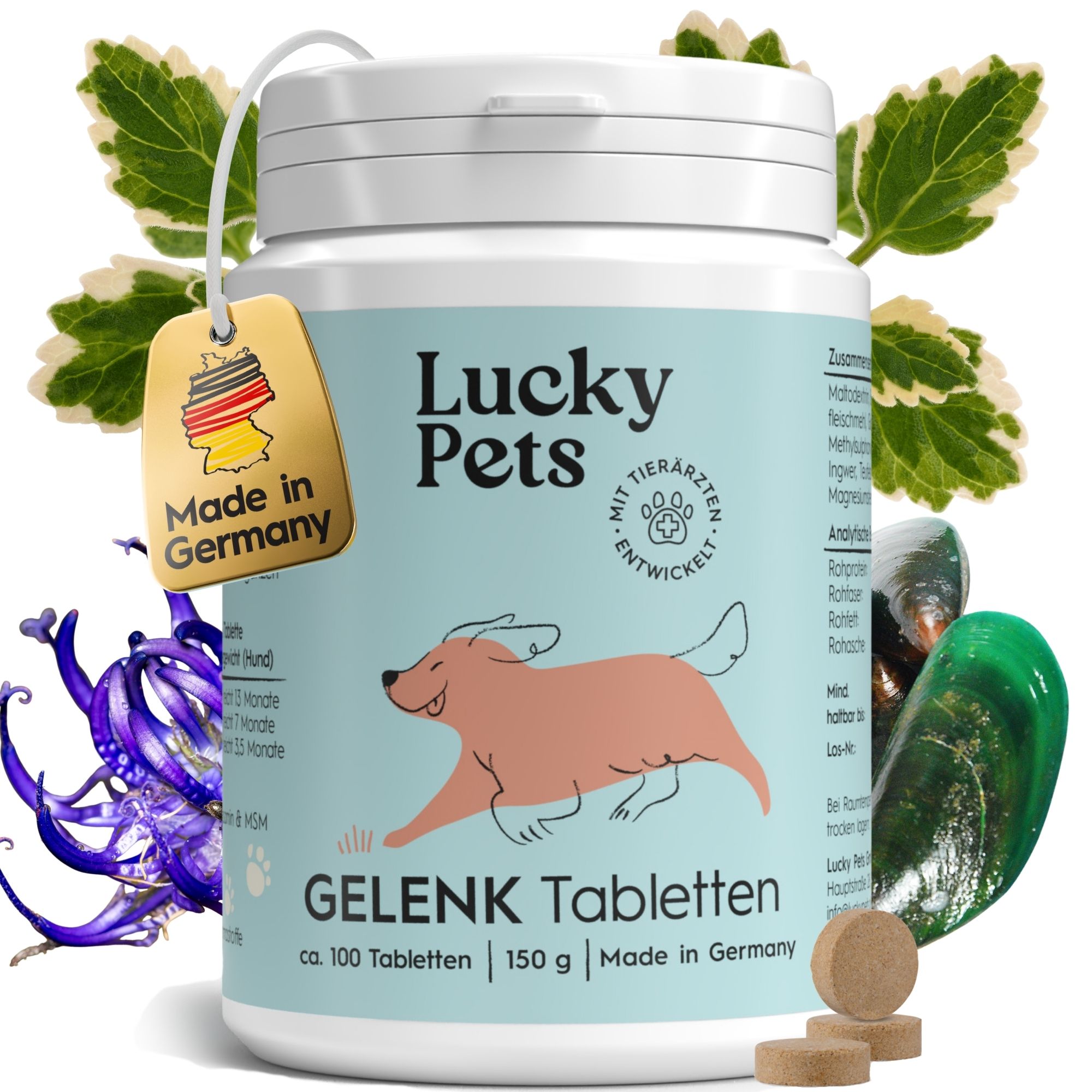 Produktverpackung. Dose mit Tabletten. Text: Lucky Pets Gelenk Tabletten. Made in Germany. Mit Tierärzten entwickelt. Ca. 100 Tabletten, 150g.