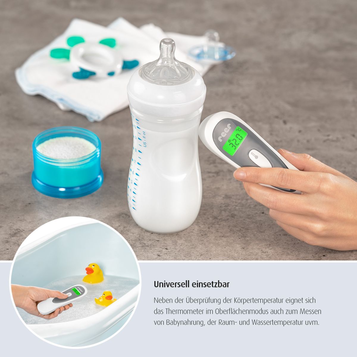 Thermometer misst Temperatur von Babyflasche und Badewasser. Marke: reer. Digitalanzeige: 32,0 °C.