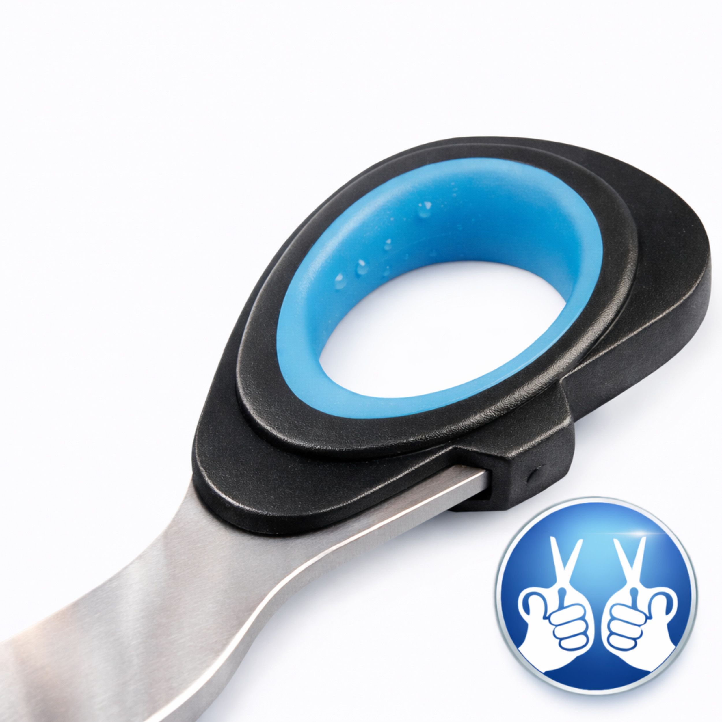 Schere mit schwarzem Griff und blauem Ring. Icon mit Händen und Scheren.