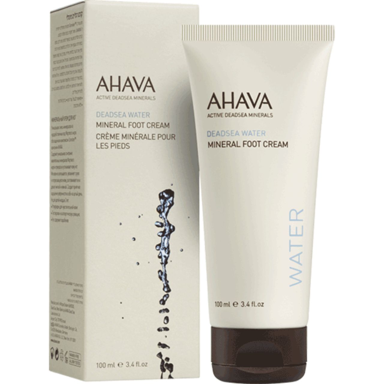 Produktverpackung mit Creme-Tube. AHAVA-Logo und Produktbezeichnung. Weiße Tube mit grauer Kappe, daneben Karton.