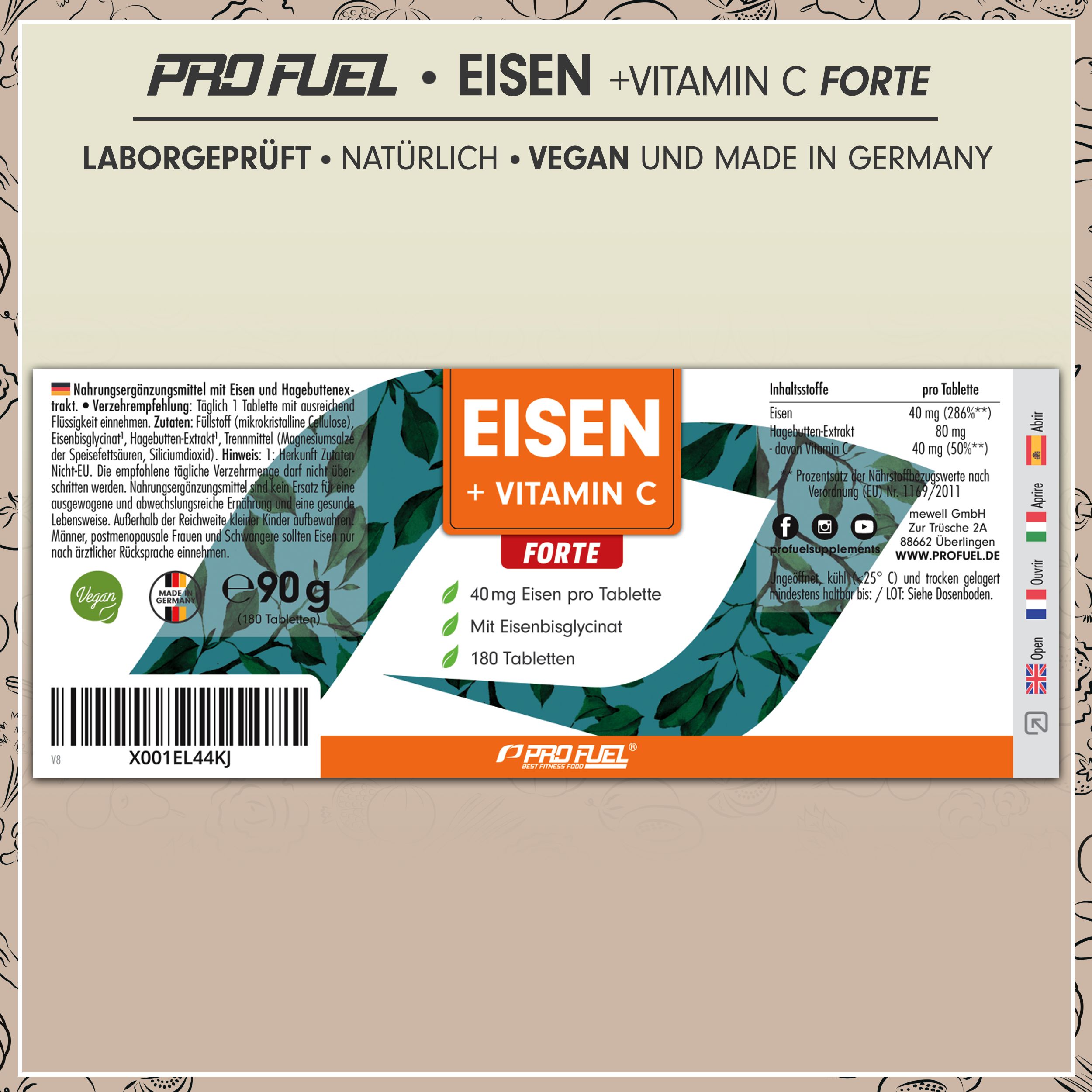 ProFuel - EISEN Tabletten mit natürlichem Vitamin C, 40mg Eisen & 40mg Vitamin C - 540 Kapseln