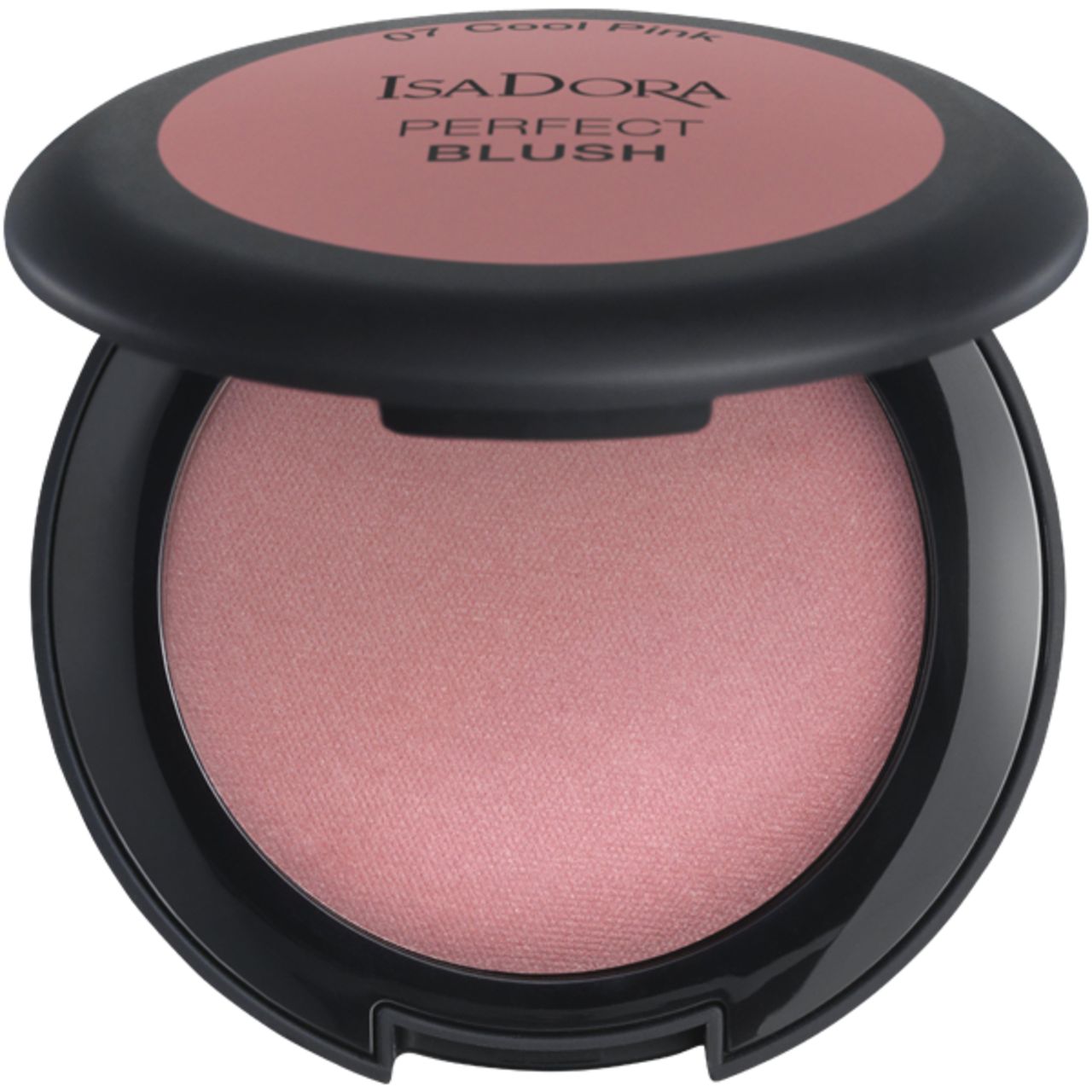 IsaDora Perfect Blush, 07 Cool Pink. Runde, schwarze Dose mit rosafarbenem Rouge. Deckel geöffnet.