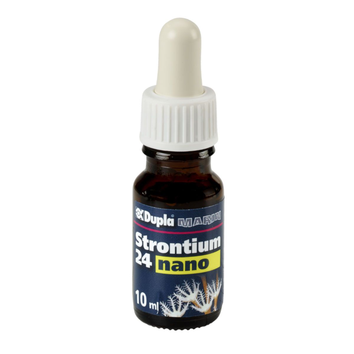 Kleine braune Glasflasche mit weißem Tropfer. Beschriftung "Dupla Marin Strontium 24 nano" und "10 ml".