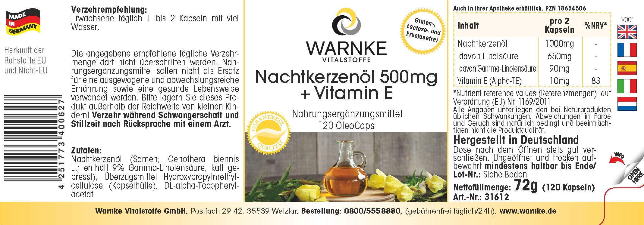 Warnke Vitalstoffe | Nachtkerzenöl 500mg + Vitamin E