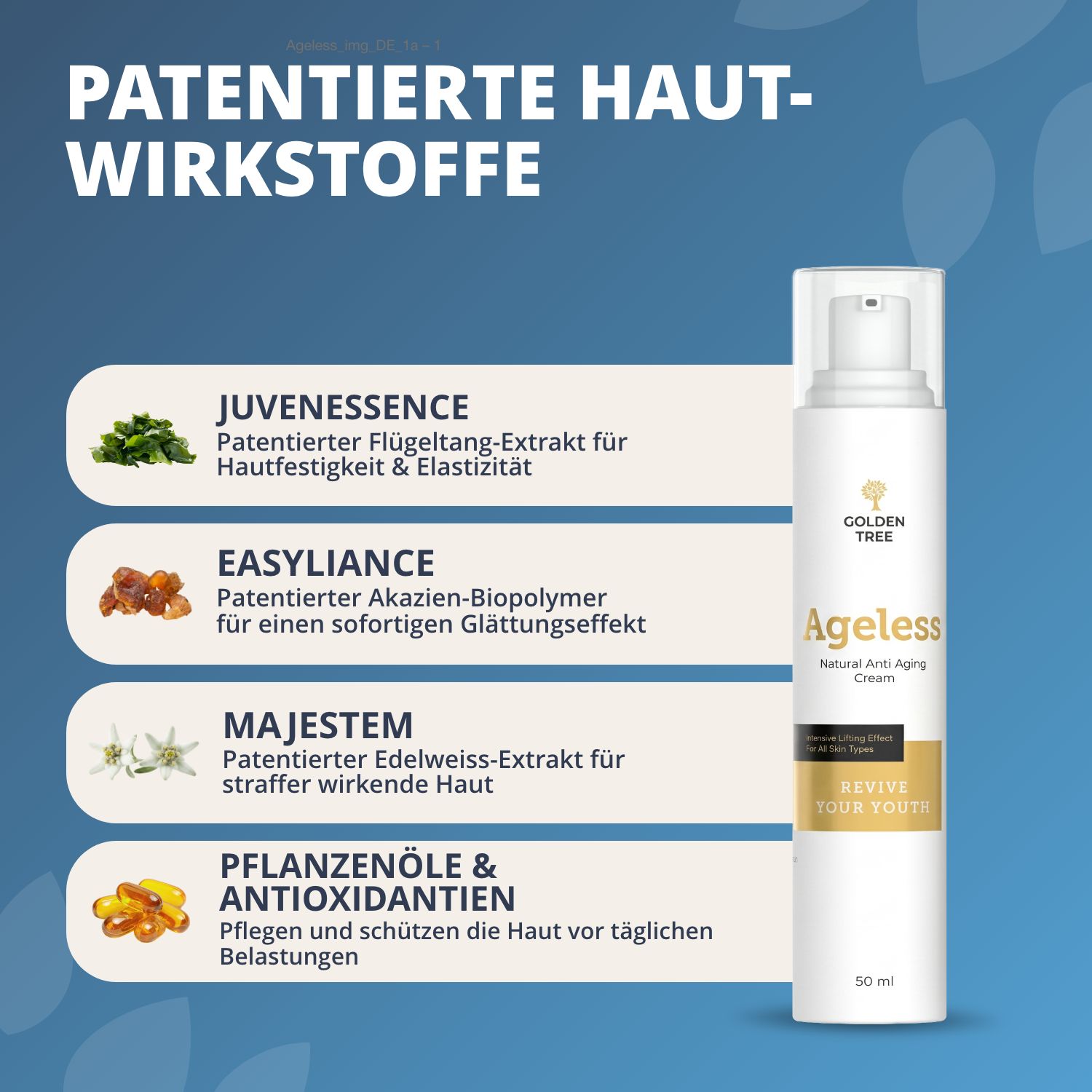 Golden Tree Ageless Creme mit patentierten Wirkstoffen: Juvenesence, Easyliance, Majestem, Pflanzenöle & Antioxidantien.