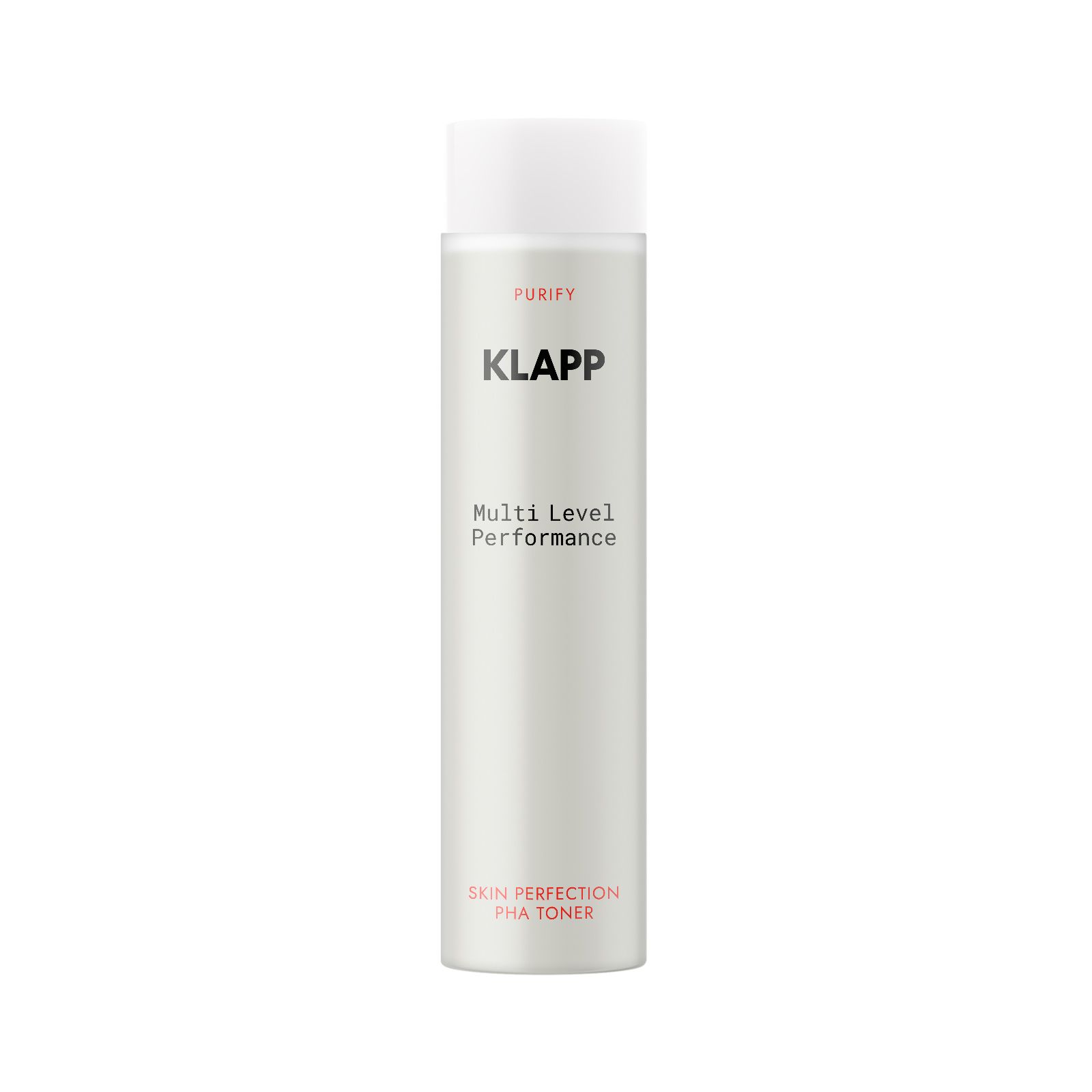 KLAPP Flakon mit weißem Deckel, beschriftet mit 'PURIFY', 'KLAPP', 'Multi Level Performance', 'SKIN PERFECTION PHA TONER'.