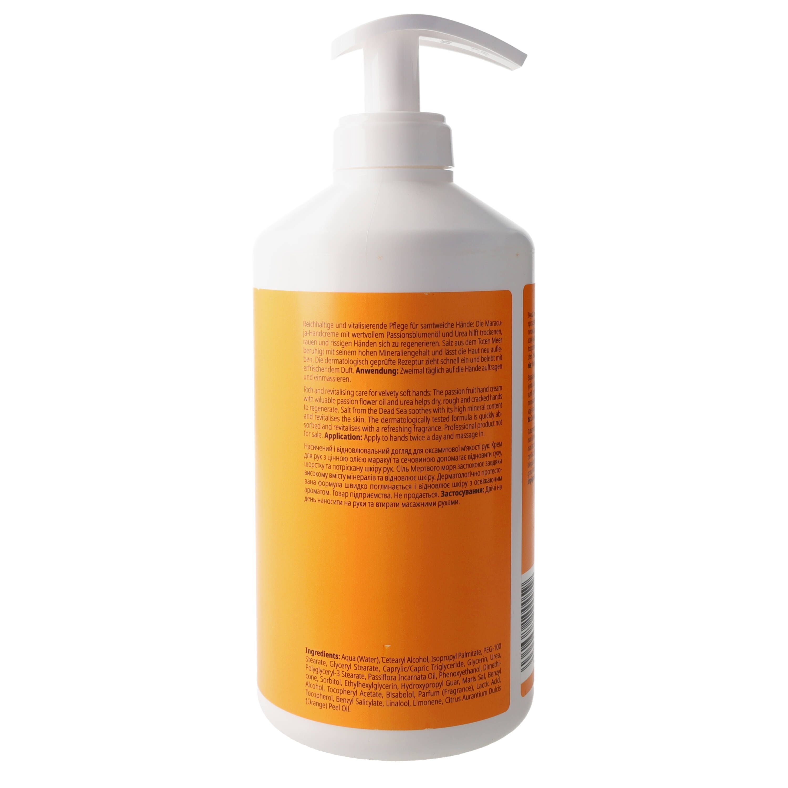 Rückseite der weißen Flasche mit orangefarbenem Etikett. Text und Inhaltsstoffe sind sichtbar.