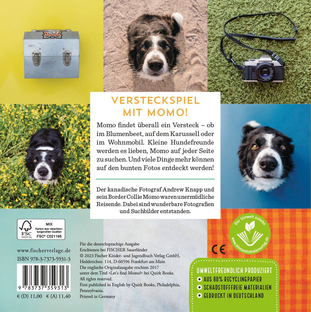 Rückseite des Buches mit Momo, dem Hund, in verschiedenen Umgebungen. Text: Versteckspiel mit Momo! Informationen zum Buch.