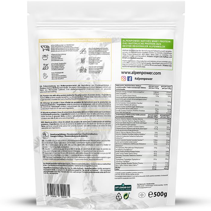 Beutel mit AlpenPower Native Whey Isolat. Rückseite mit Nährwertangaben und Text in mehreren Sprachen. 500g.