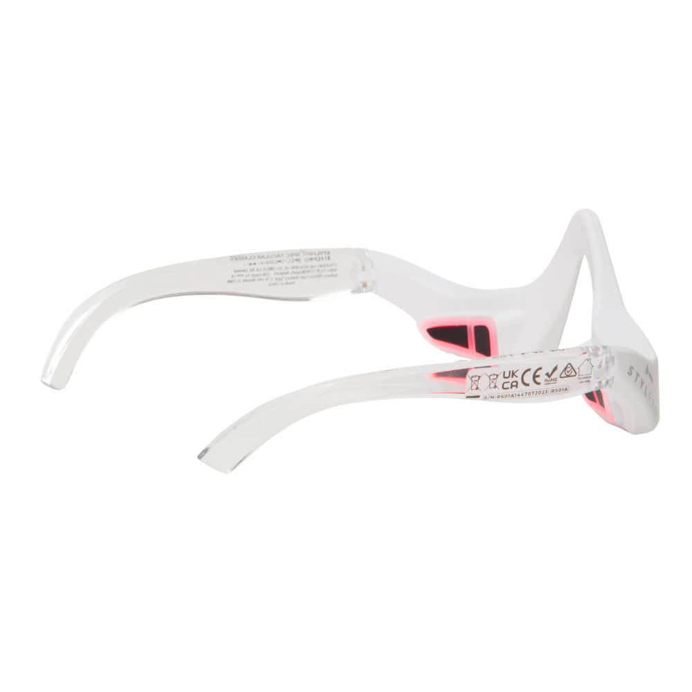Transparente Brille mit rosa Akzenten und CE-Kennzeichnung.
