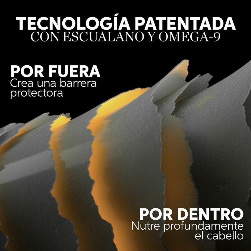 Text mit gelben und grauen Schichten. Überschrift: TECHNOLOGIE PATENTADA CON ESCUALANO Y OMEGA-9. Text auf Spanisch.