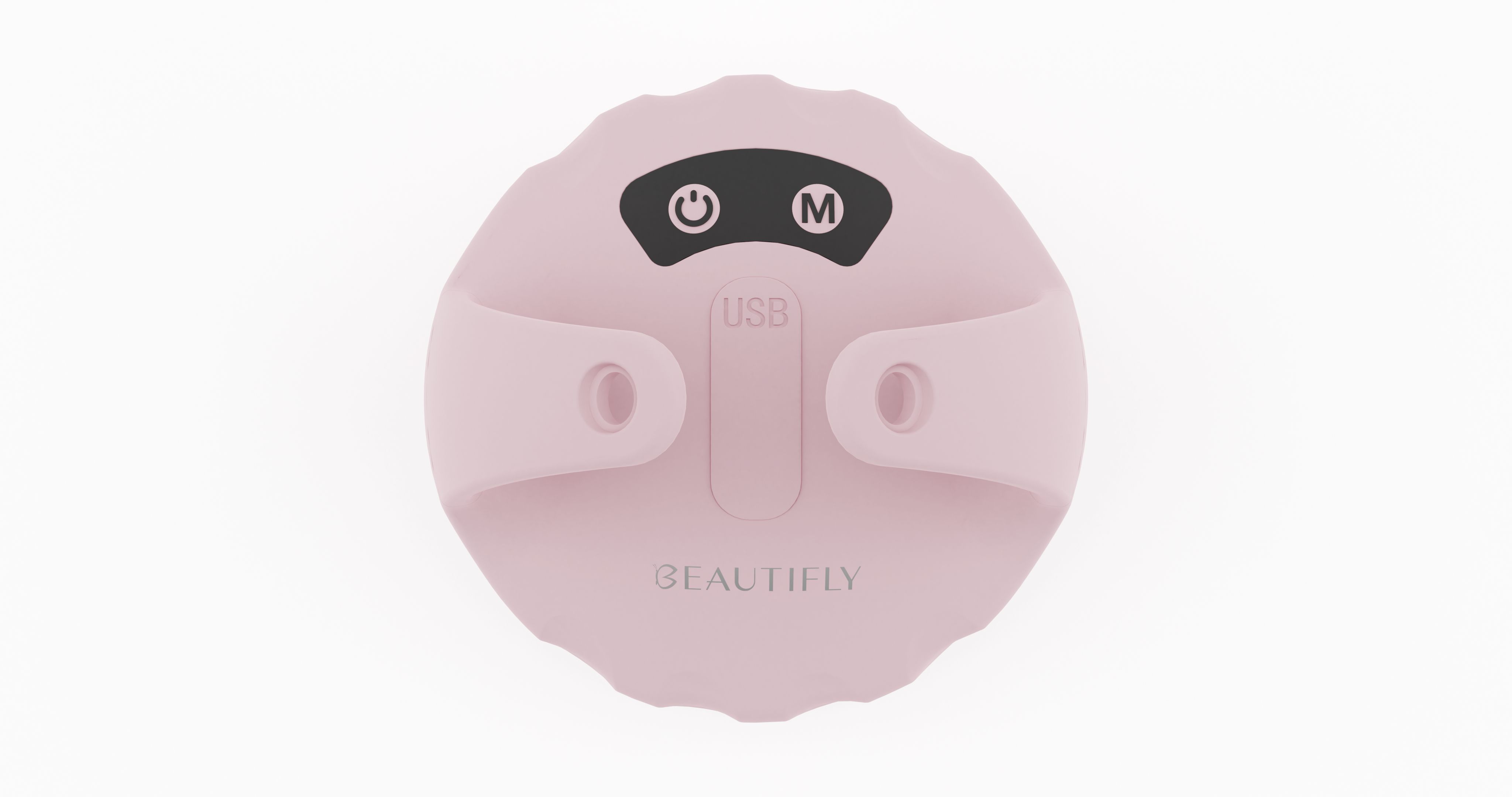 Rosa Massagegerät mit zwei Griffen und Bedienfeld. Auf dem Bedienfeld steht "BEAUTIFLY" und "USB".