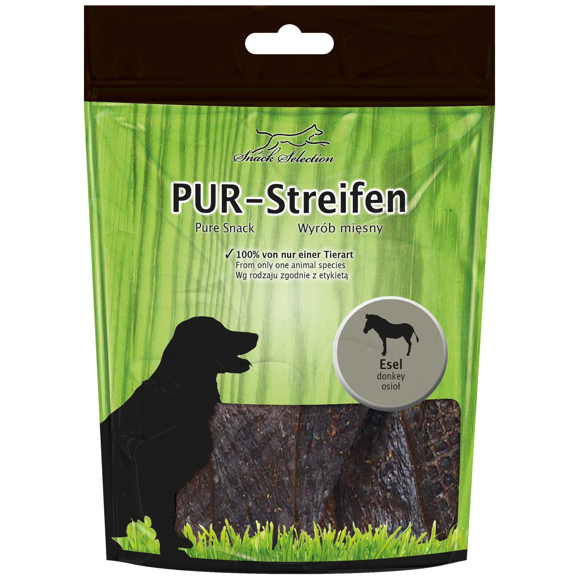 Einzelne Packung PUR-Streifen. Grün-transparenter Beutel mit Produktbezeichnung, Hundesilhouette und Esel-Kennzeichnung. Produkt sichtbar.